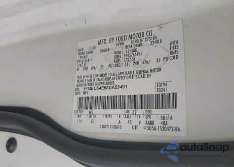 2008 Ford Explorer Eddie Bauer из США, поврежденный, VIN 1FMEU64E68UA55491